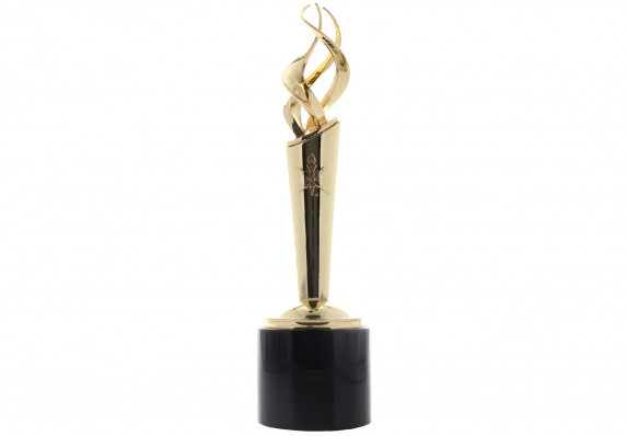 A luxury custom cast metal torch trophy sculpture with 24k gold plating and hand polishing. This unique recognition award was designed and crafted a prestigious engineering association.