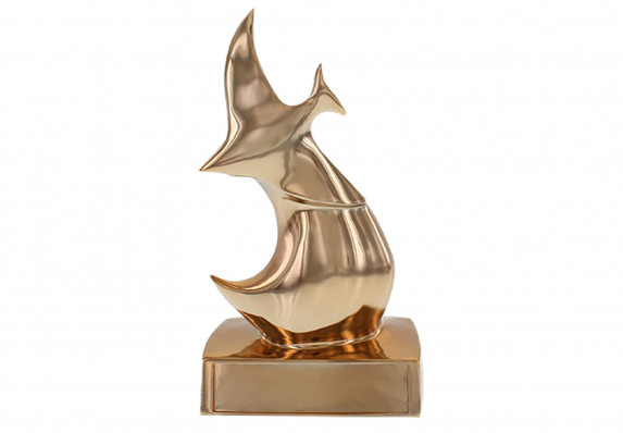 Abstract, flowing statuette crafted in premium materials, plated in a gleaming metal finish.