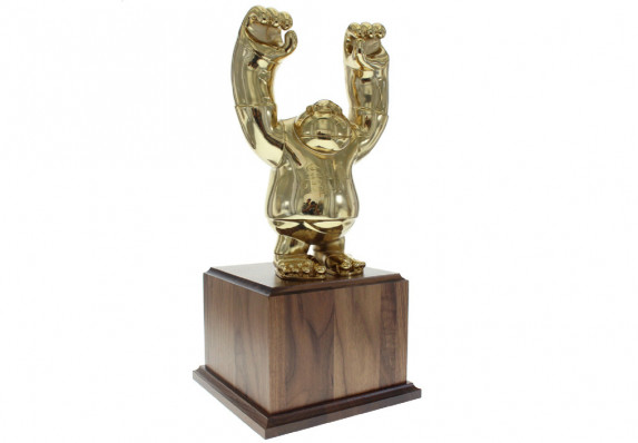 Large custom trophy with luxury walnut wood base and 24k gold plated ape mascot. An exceptional recognition award crafted by Society Awards.