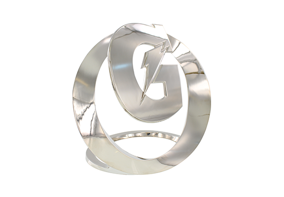 Custom metal trophy with cut-out logo.