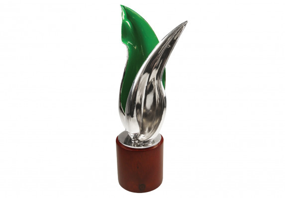 Cast metal leaves are given a high end green enamel cloisonné and mounted on a cylindrical wooden base.
