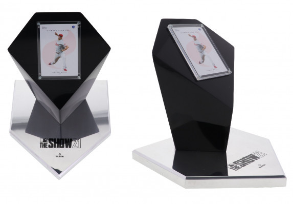 A custom sports award mounted on a metal baseball diamond