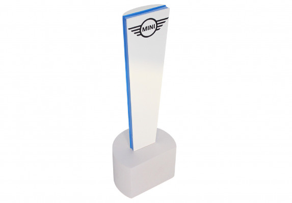Modern, custom award crafted in resin and accented with colorfill logo and PMS-matched color band.