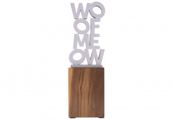 Custom metal awards with brushed silver metal and color accents on a high end wood base.