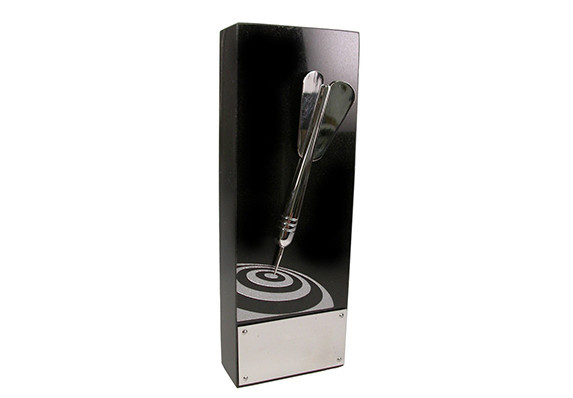 Creative cast metal dart mounted on marble trophy with bullseye detail and metal plaque
