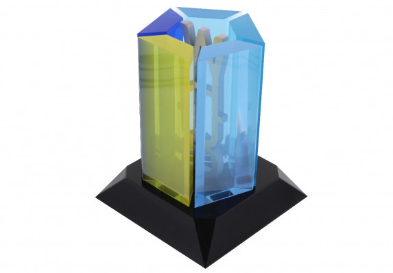 Color panels of high-end acrylic surround an aluminum logo mounted on an elegant base in this exceptional custom award for employee recognition.