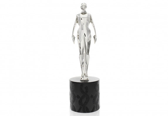Faceted metal figure trophy in a proud stance mounted on a patterned black base.