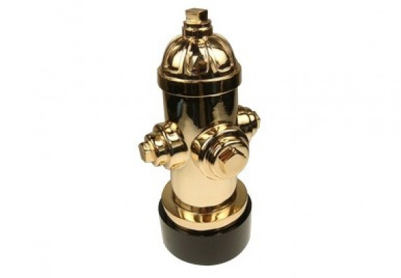 Gold-plated hydrant custom award on black crystal base.
