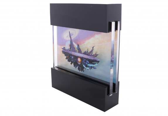 Custom video game award with direct print of the popular game's fighting stage within an acrylic case with open sides.
