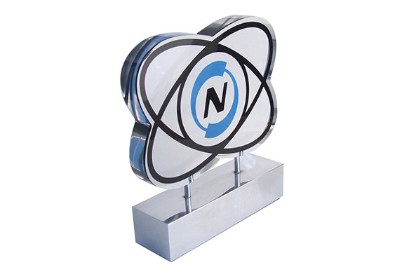 GDCA acrylic embedment with floating graphic on polished aluminum base