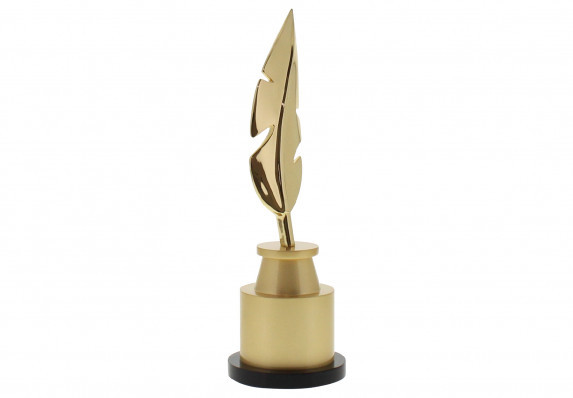 Gold feather trophy with matte gold base and polished 24k top sculpture presented to recognize excellence in New York theatre.