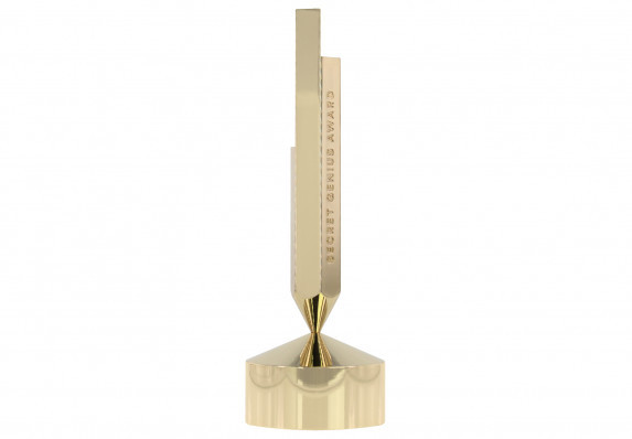 Custom crafted gold trophy on base created for a music streaming brand to recognize exceptional music industry talent.