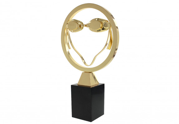 Custom metal award sculpture of a pair of swimming goggles in a ring, plated in gold and mounted on a black base.