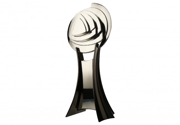 Large custom metal medallion in chrome electroplating, mounted on two sweeping legs with a central personalization plaque