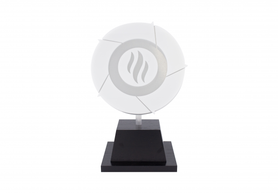 Circle ring with logo on black wood base.