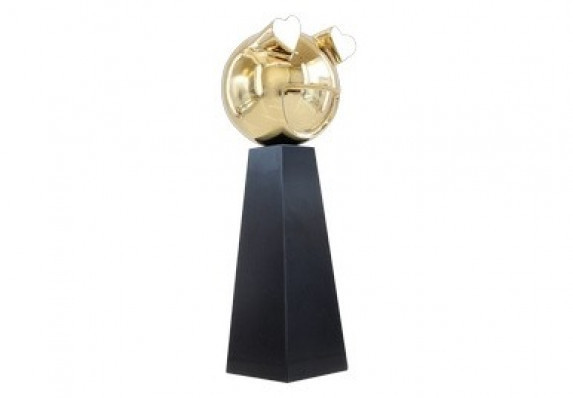 Gold plated emoji trophy on tapered black metal base.