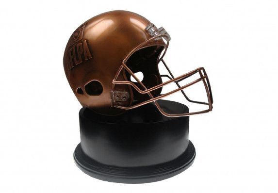 A custom football award trophy crafted with incredible detail inside and out. The realistic, full-size helmet award is mounted on a base.