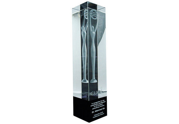 A custom crystal award with 3D-etched detail