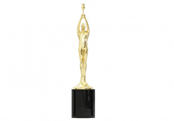 Proud stance humanoid trophy figure in bright, hand-polished 24k gold finish. The custom award has upward stretched arms holding a curved glass.