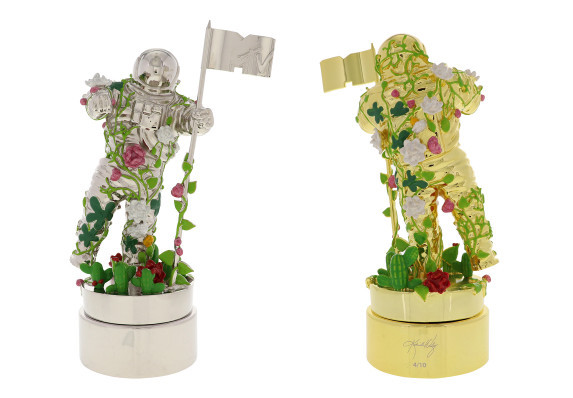 Two Iconic VMA Moonmen, one silver, one gold, uniquely interpreted by Kehinde Wiley in collaboration with Society Awards