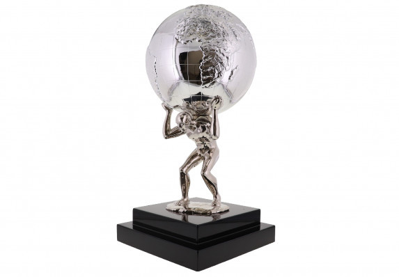 An exceptional custom metal trophy with a male figure holding up a massive globe. This large sculptural award is expertly crafted and finished in a hand-polished silver electroplating.