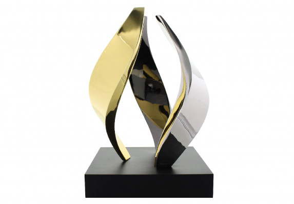This custom metal award is machined and hand assembled by the craftpeople at Society Awards. Each flowing band of the central flame form is electroplated in a different luxury finish.