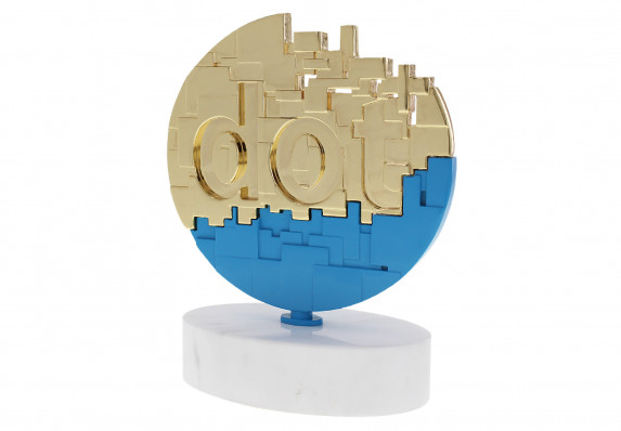 Custom metal web design award with pixel motif. Finished in mirrored chrome with high-end blue enamel detailing and a marble base.