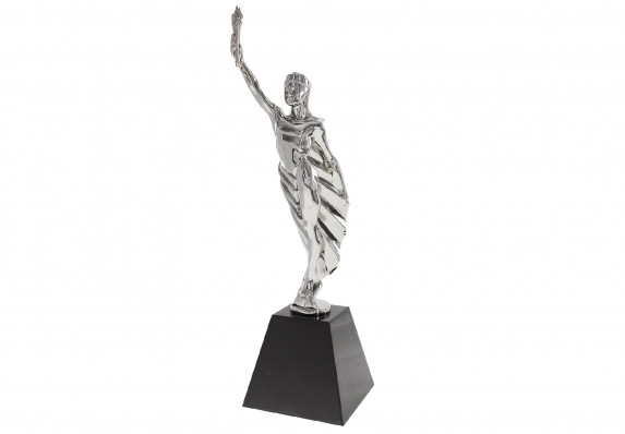 Intricately detailed diecast metal award depicting proud caped figure with torch