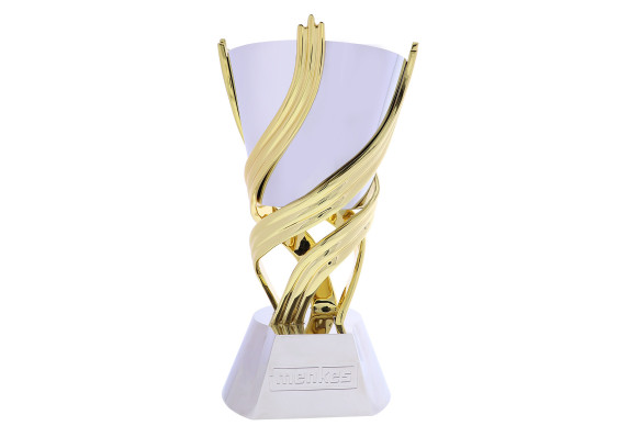 All metal trophy cup raised by golden ribbons on oversized base