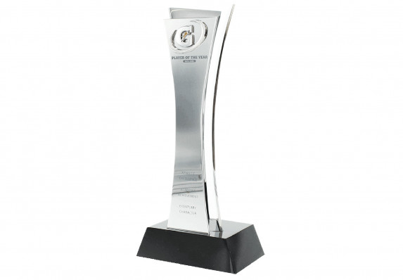Player of the year trophy with curving metal panels mounted on a black base for a modern, sculptural effect.