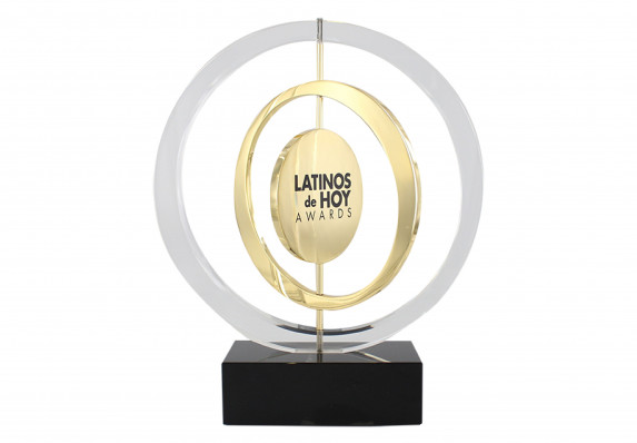 Acrylic and metal trophy with spinning panels, 24k gold-plating and screen-printed logo detail.