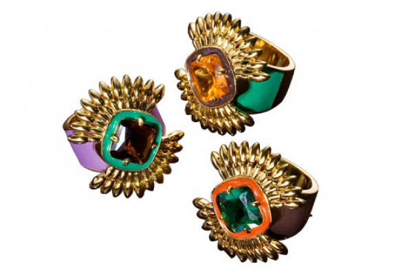 Custom metal and enamel rings with central gem. These custom rings were crafted for fashion brand Milly.