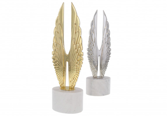 Cast metal awards in the form of two wings connected at middle to form a capital 'H.' Mounted on marble base and finished in either 24k gold or platinum chrome.