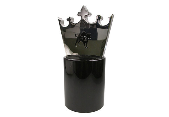 Machined crown trophy with etched logo plated in shiny chrome and mounted on black base
