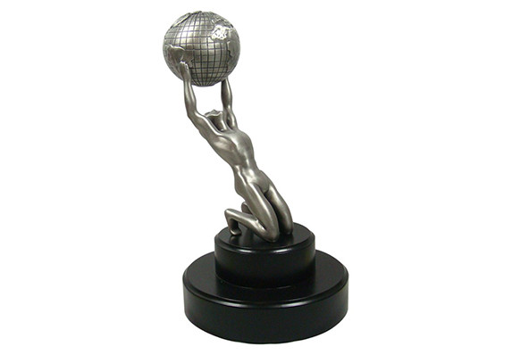 Famous prestigious television music film and government award - atlas like figure holding globe satin silver