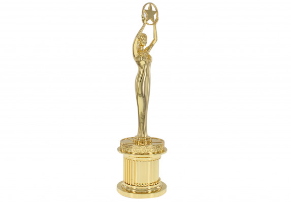 A stunning custom crafted 24k gold plated metal figure trophy holding a star and mounted on an intricate custom base.