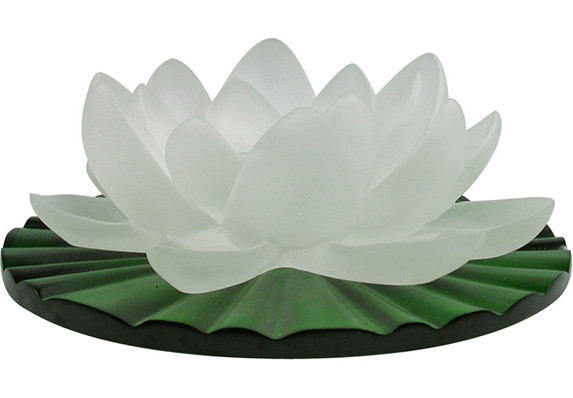 Frosted glass pate de verre cast crystal lily flower sculpture on green crystal leaf base
