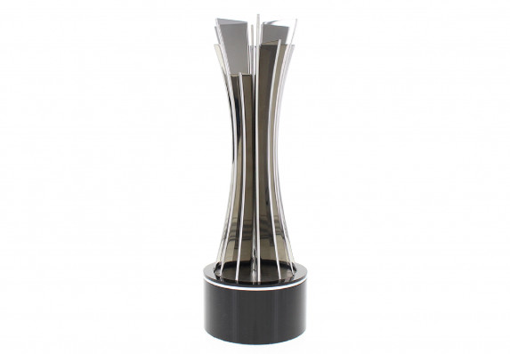 Striking, gallery-quality custom trophy with chrome-plated metal panels mounted on a circular black crystal base. Crafted with exacting precision by Society Awards.