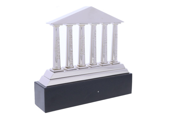 Silver Roman style columns atop a black base