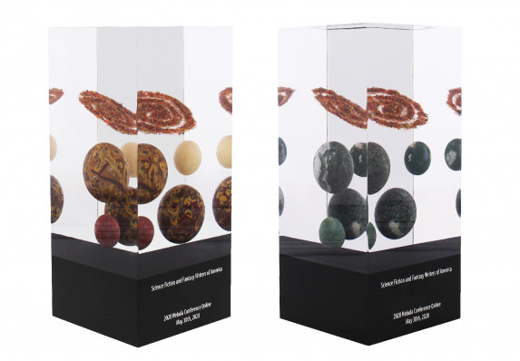 Highly-detailed planets and nebula embedded in custom acrylic award. This exceptional trophy is presented for the winners of a prestigious writing association award.