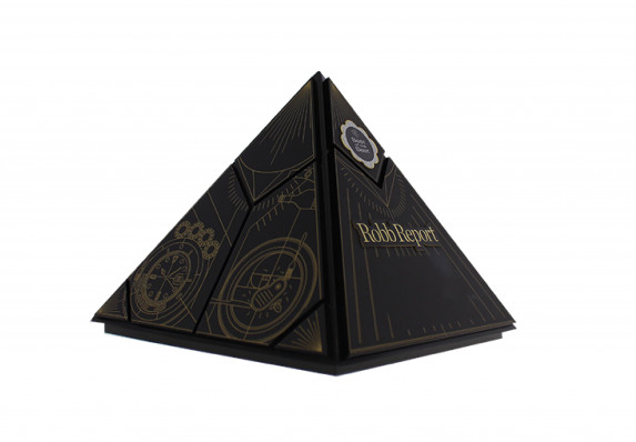 Pyramid-shaped trophy with custom illustrations screen-printed onto unique, interlocking panels.