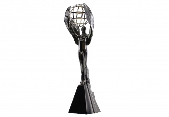 Climbing winged figure holding a metal globe. This award is finished in black nickel electroplating on the main form with the globe in platinum, gold or bronze.