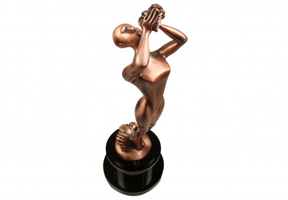 Beautiful sculpture with stylized human blowing conch shell in bronze finish on black crystal base