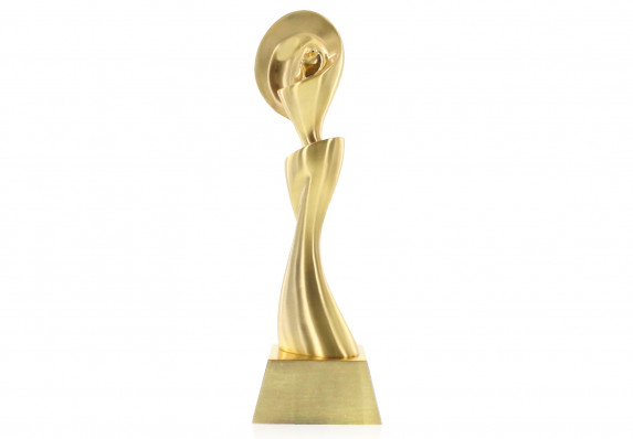 Satin matte gold finished metal trophy with an abstract female form