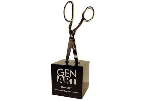Scissors in the stone trophy - black crystal block with Italian scissors plunged in