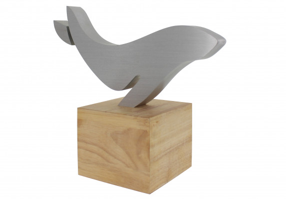 Machined metal form mounted on wood base. Awarded for environmental awareness