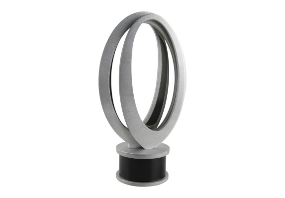 Silver oval leaning disks atop a black base