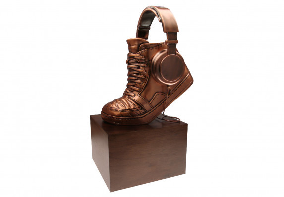 MTV Award custom sneaker with head phones and head phone wire on solid wood base bronze finish