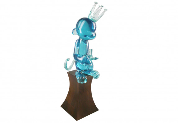 custom cast crystal gel translucent resin acrylic beautiful blue monkey award on solid wood base