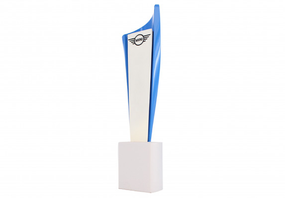 Upright  award with colorfill logo and sweeping blue, flag-like panel.